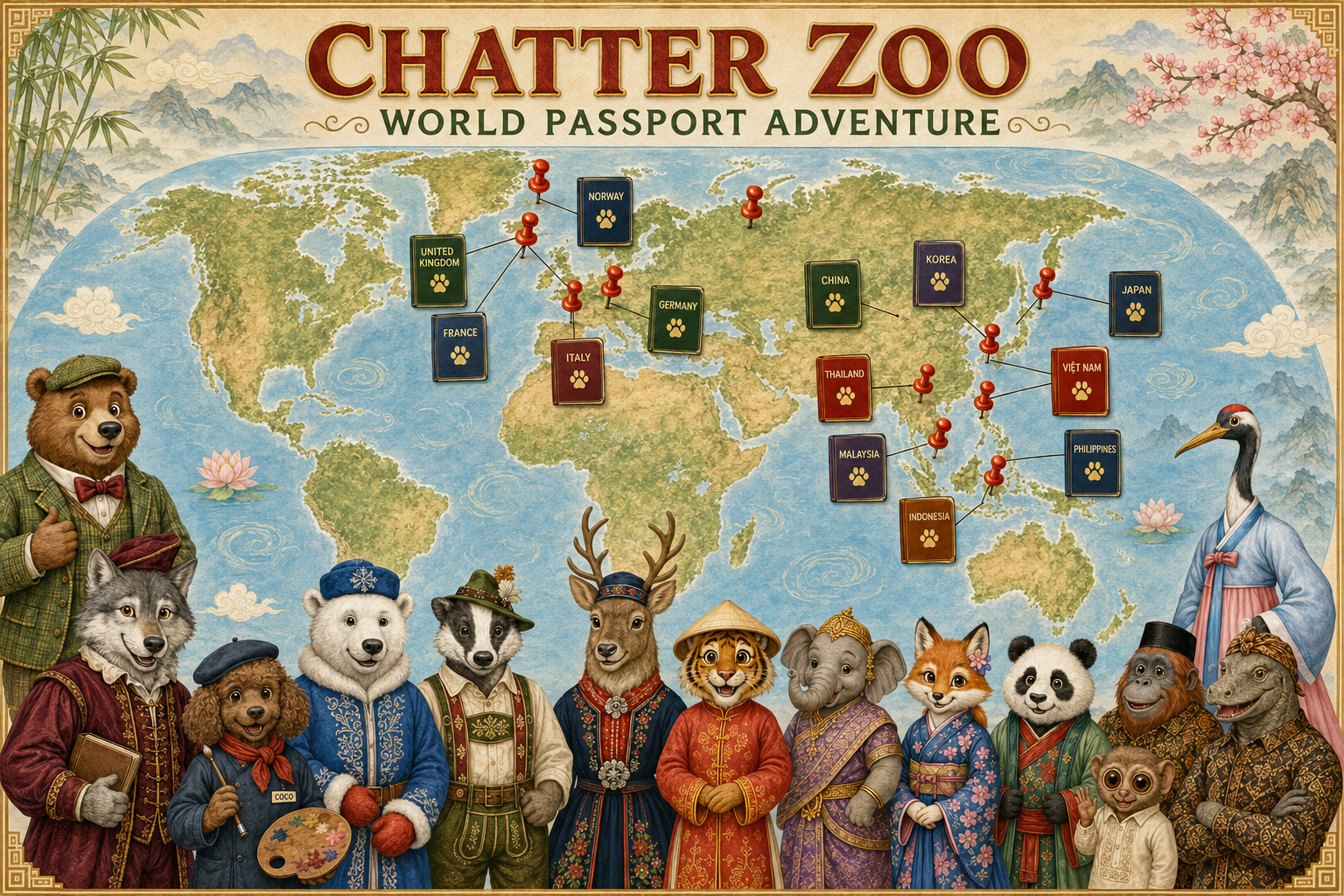 ChatterZoo World Passport Adventure — an illustrated world map with a passport pinned on each country and the animal guides below